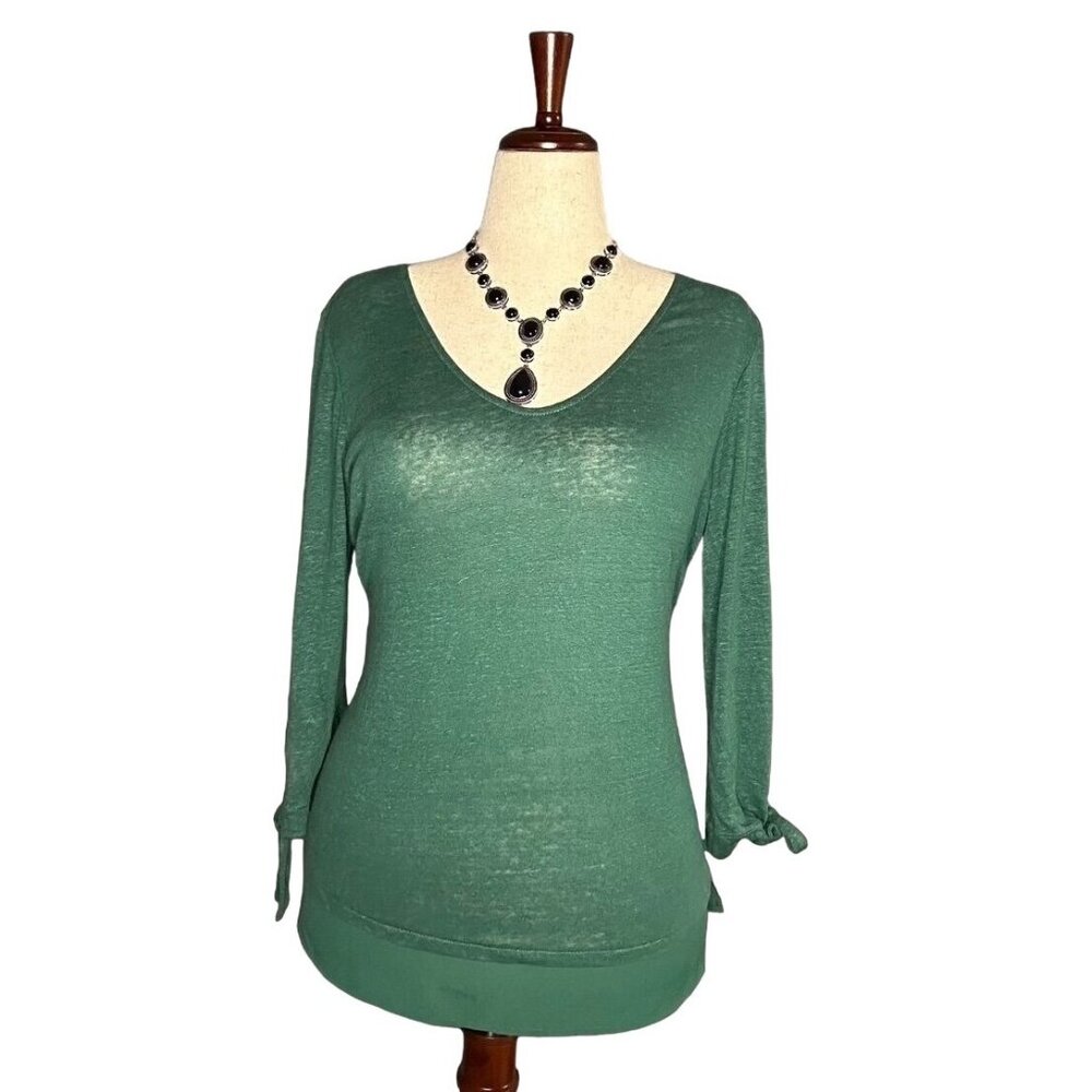 Sanctuary Womens Green Lightweight Knit V-Neck Top With Tie Sleeve Detail Size L